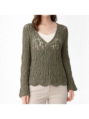 JOHN P. GREECE 100% Pima Cotton Olive Green Open Knit / Crochet Sweater Sz L